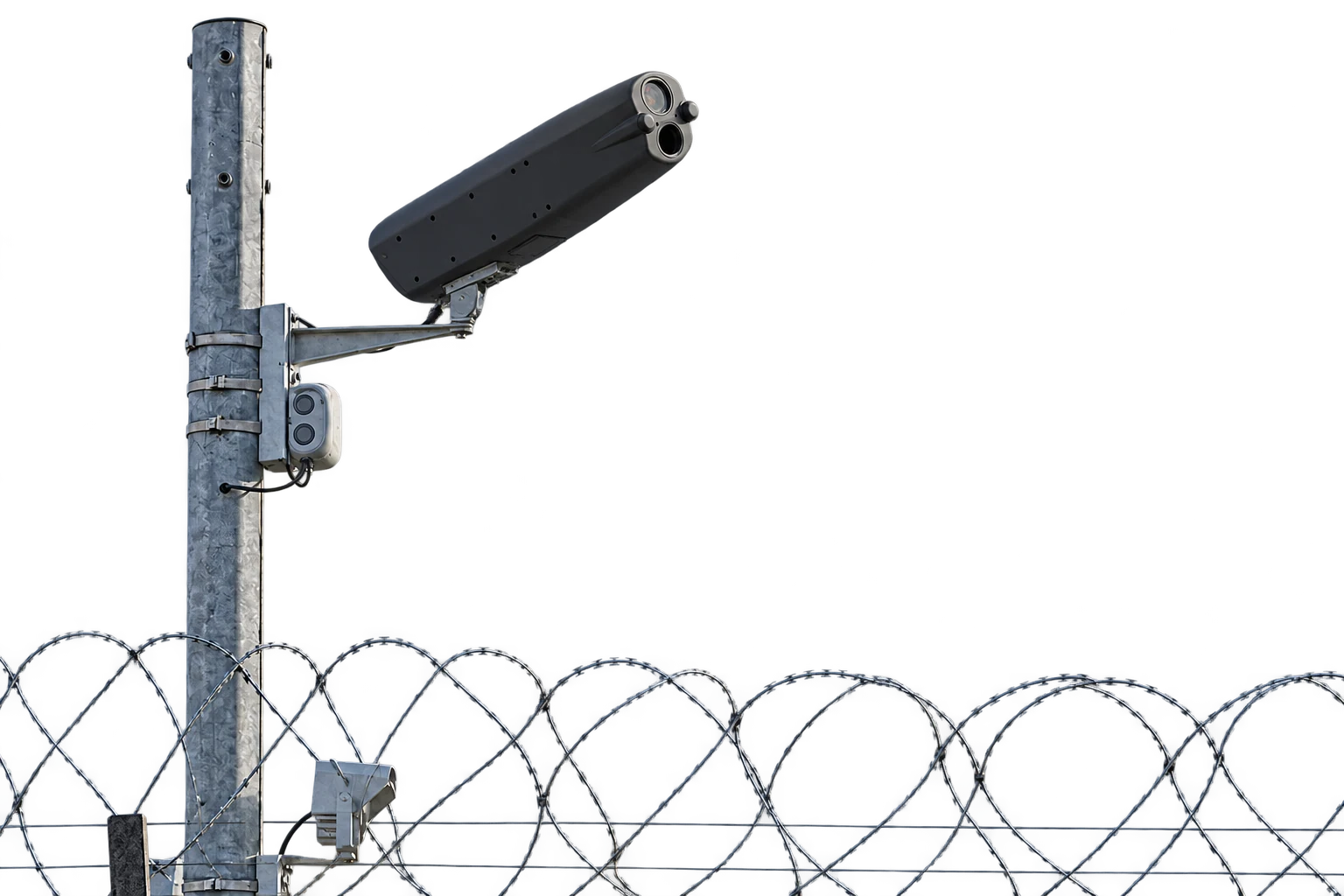 Perimeter camera angled upward above a razor-wire fence